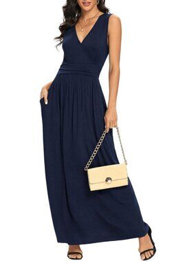 Lilbetter Women's Navy Blue Sleeveless Neck Loose Plain Long Maxi Casual Dress